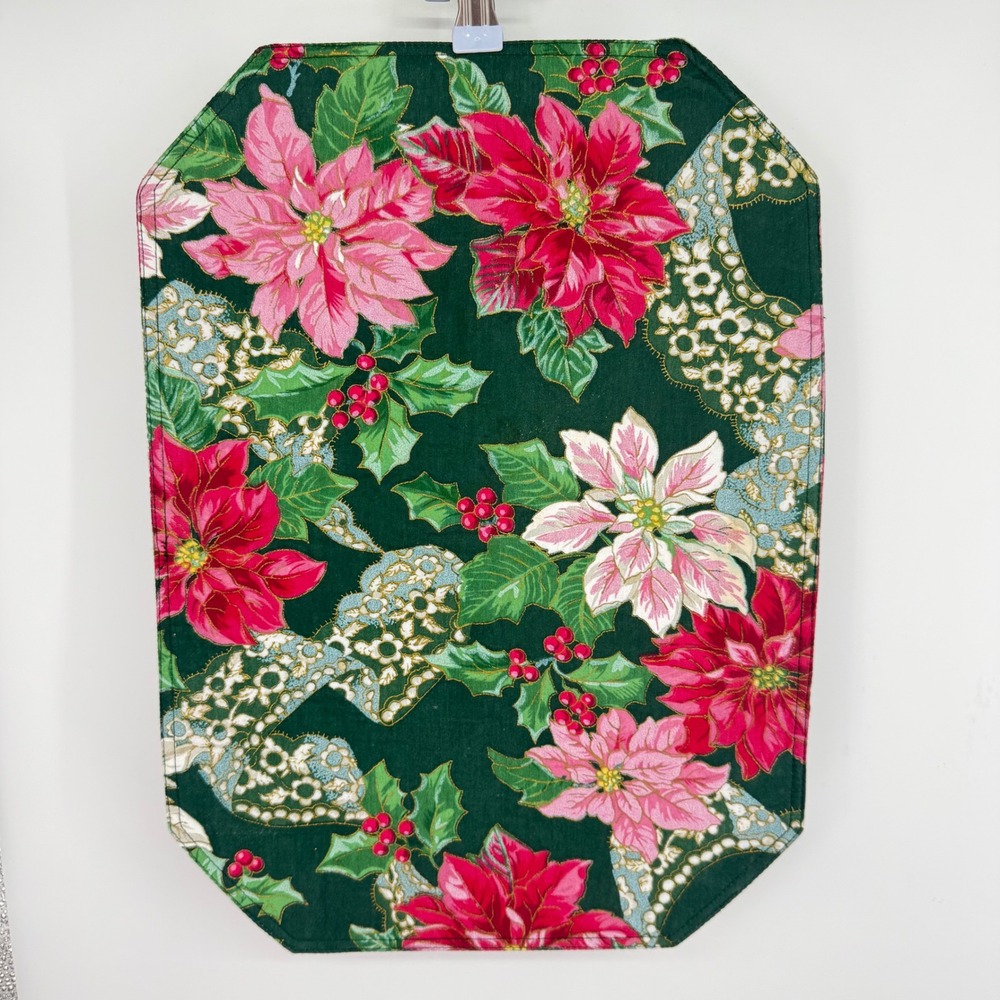 Christmas Poinsettia Placemat Set Holly Berry Green Red Pink Table Decor‎